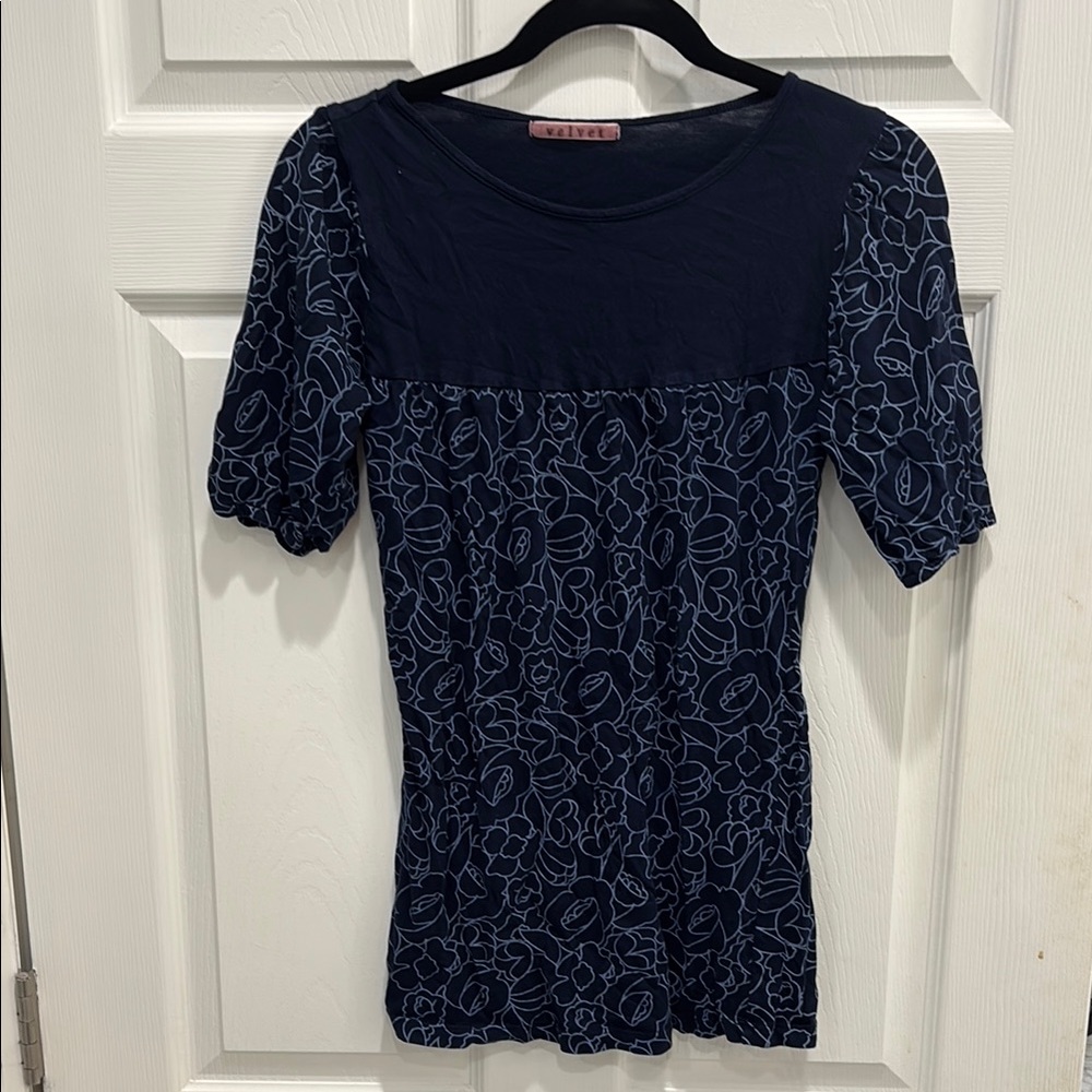 Velvet Blue Puff Sleeve Fitted Blouse